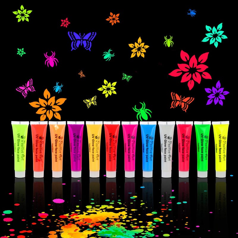Positive Art UV Face & Body Paint Kit â€“ 12 Neon Colors (1 oz Each) + 60 Stencils & 3 Brushes | Blacklight Glow Paint, Safe & Washable Body Art for Festivals, Clubs & Parties - Image 1